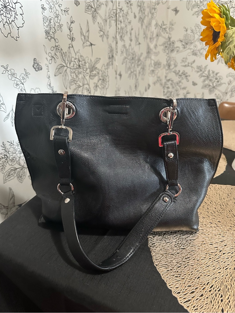 Calvin Klein Black Leather Shoulder Tote with Silver Hardware